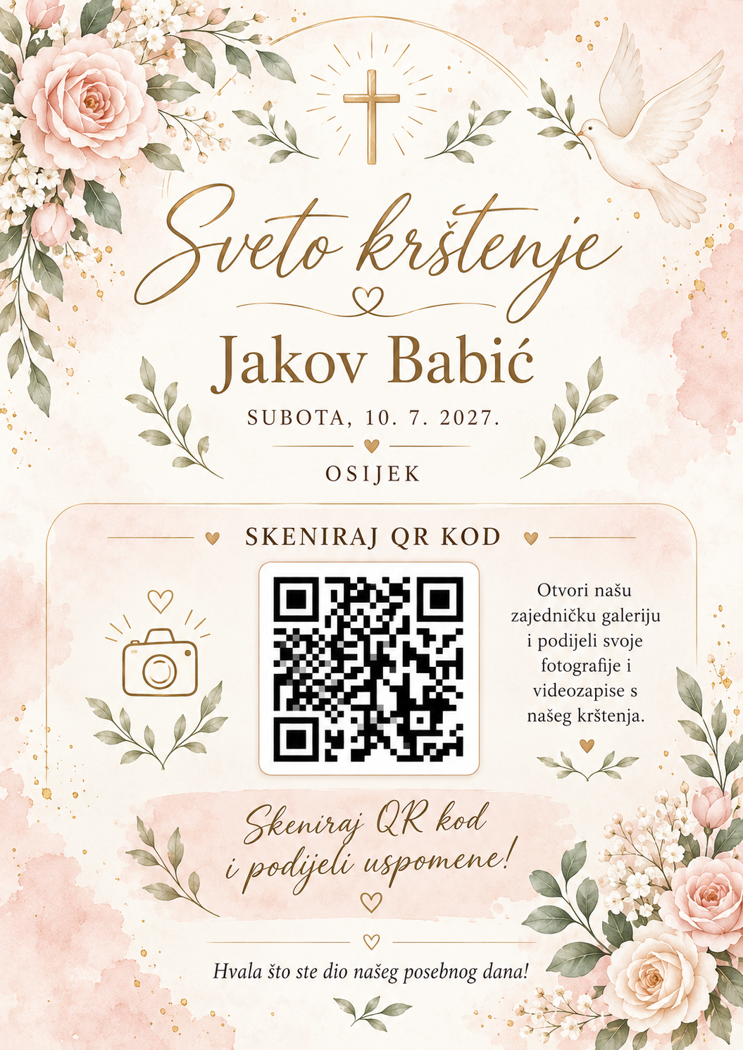 Primjer QR kartice za krštenje s cvjetnim dizajnom