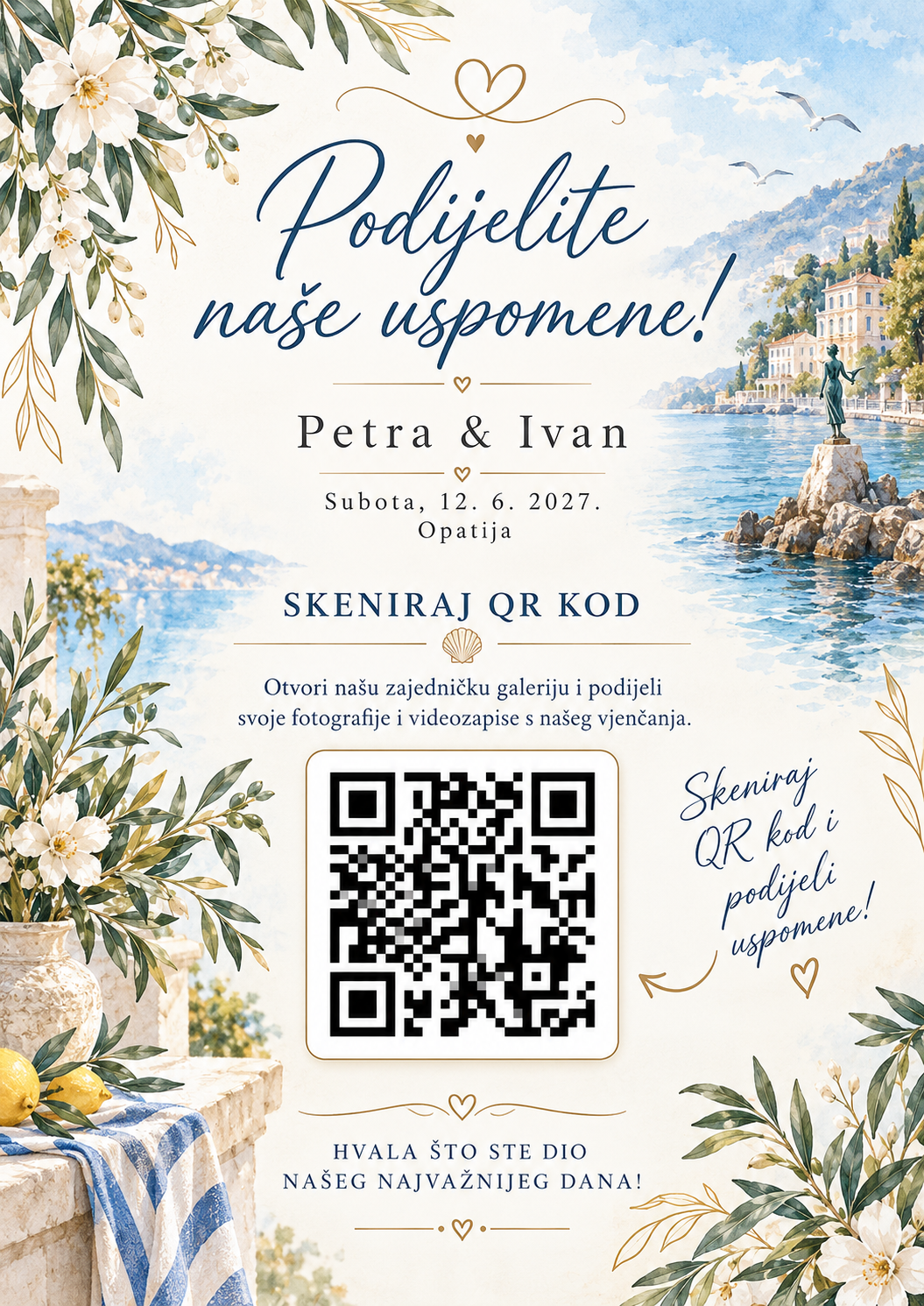 Primjer QR kartice za vjenčanje uz cvjetni motiv